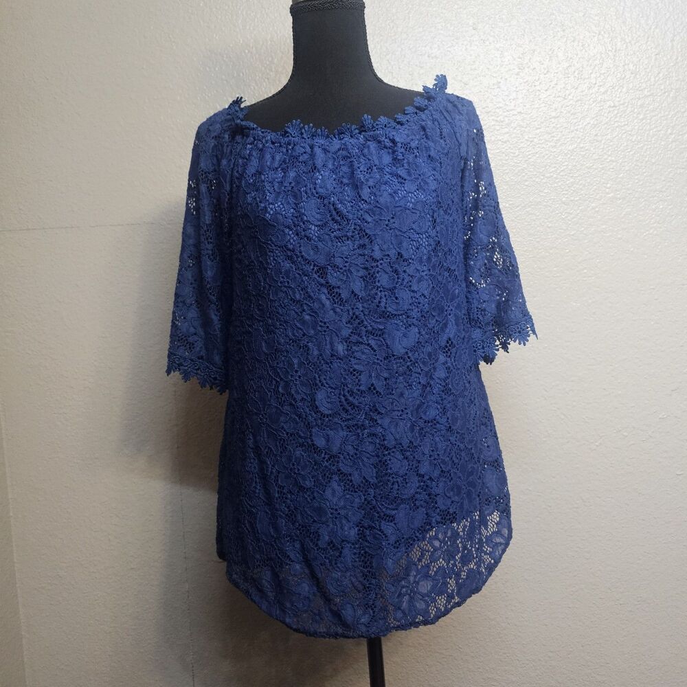 Miholl Women's XL Royal Blue Floral Lace 3/4 Sleeve Blouse Top Dressy Chic HH109